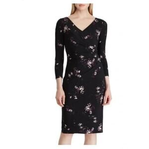 Lauren Ralph Lauren Women's Floral Black V-Neck Ruched 3/4 Long-Sleeve Dress 14P